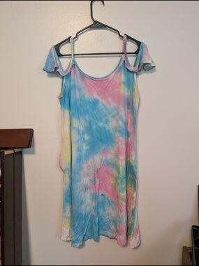 Tie-Dye Cold-Shoulder Summer Dress - Pastel Blue Pink Yellow